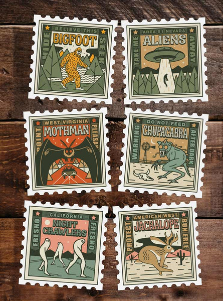 Cryptid Stamp Sticker set of 6