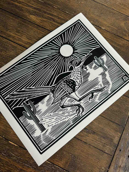 Road Runner linocut print